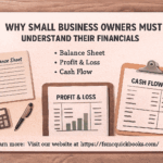 Professional banner for small business financials featuring Balance Sheet, Profit and Loss, and Cash Flow reports with call-to-action to FSMC Bookkeeping Services