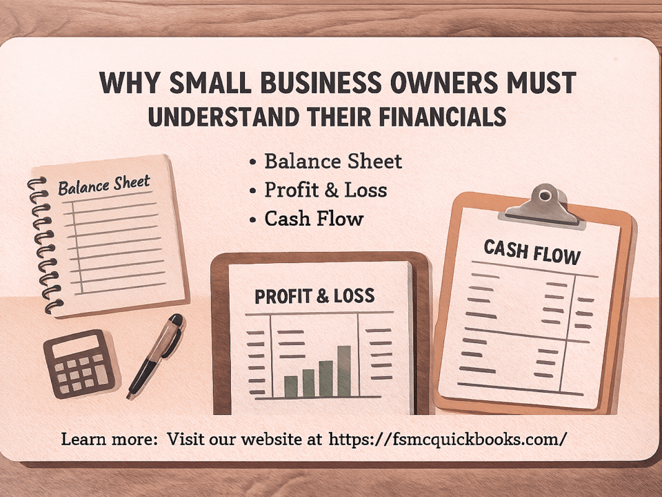 Professional banner for small business financials featuring Balance Sheet, Profit and Loss, and Cash Flow reports with call-to-action to FSMC Bookkeeping Services