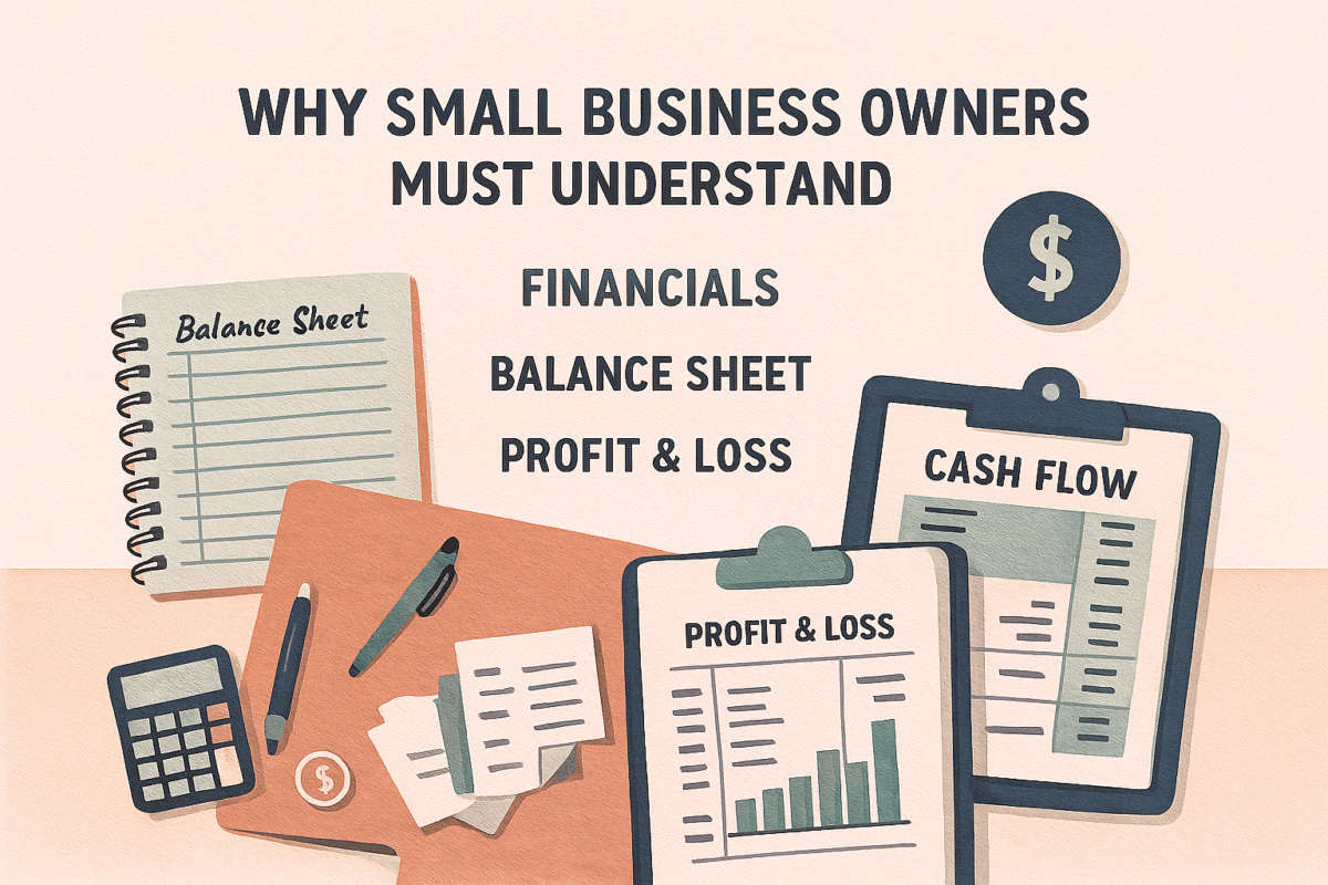 Flat lay illustration showing small business financial reports—Balance Sheet, Profit and Loss, and Cash Flow—with calculator, pen, and notebook. What Small business owners must understand