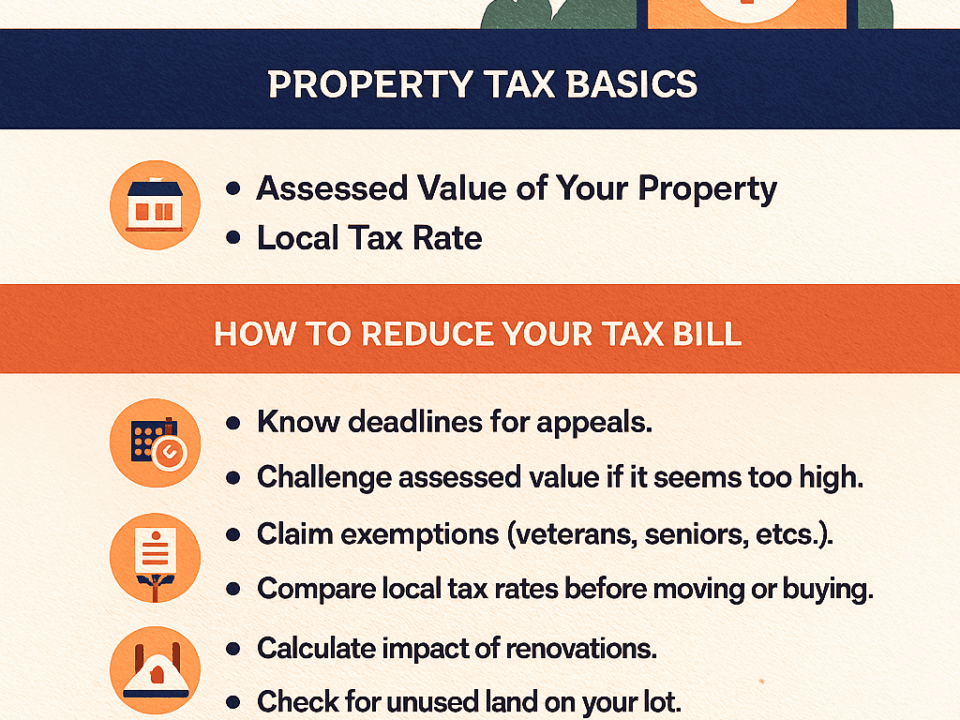 nfographic with 6 tips to lower property taxes, featuring icons and FSMC Bookkeeping call-to-action