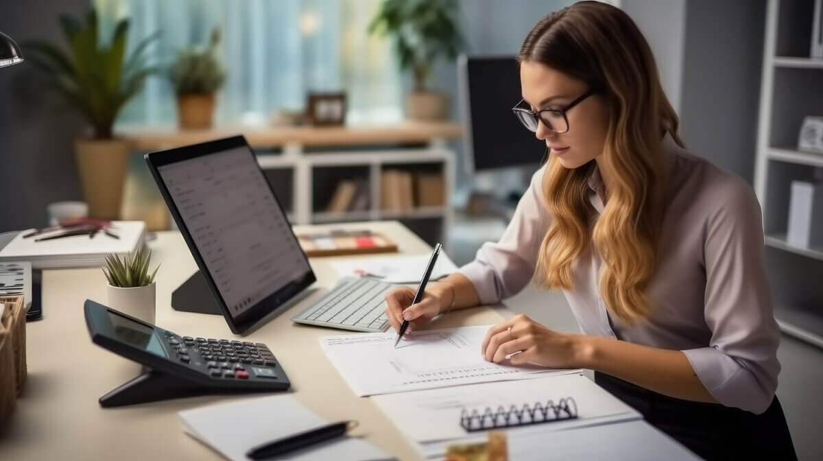 Outsources Bookkeeper at desk working on reports