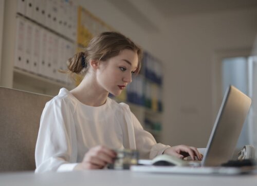 Franchisee bookkeeper working at computer